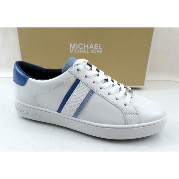 Michael Kors Irving Stripe Lace Up Designer Sneakers MK Logo White /Blue Size 10